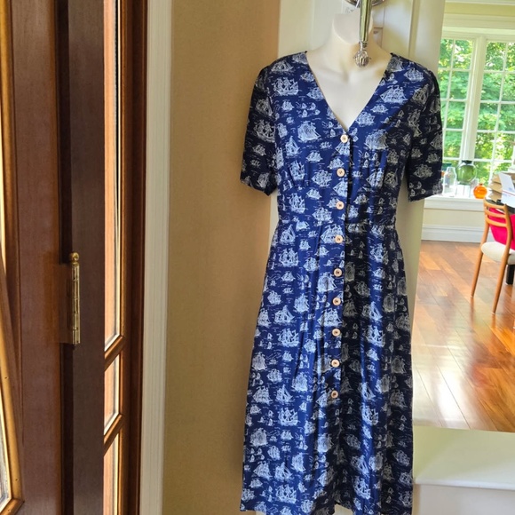 New Joanie v neck midi dress size 10 ship print navy & white - Picture 10 of 14